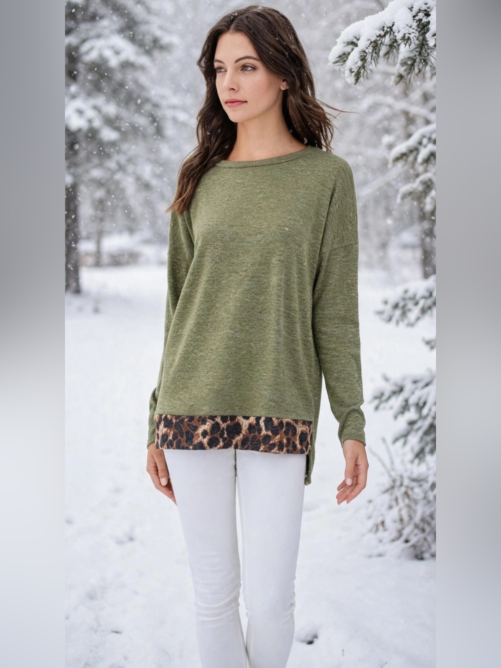 Olive Green Crewneck Sweater with Leopard Hem Size Small